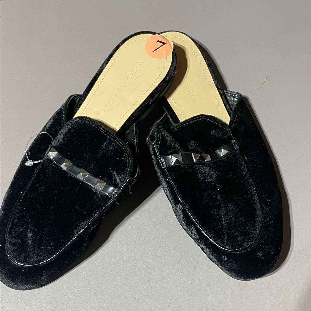 Marc Fisher Black Velvet Mules with Pyramid Studs